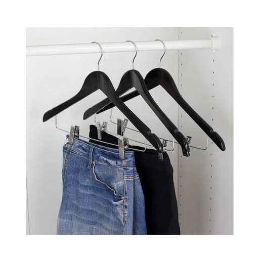 6125NSBL WOODEN CLOTHES HANGER WITH CLIPS 44.5×1.2cm BLACK